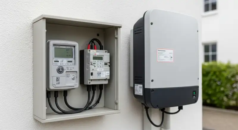 Modern German electrical meter cabinet (Zählerschrank) with smart meter and solar inverter connection, clean technical installation