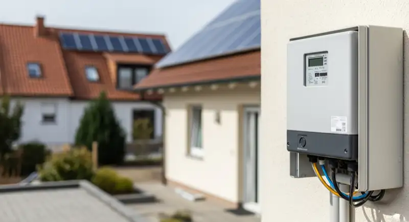 Modern German electrical meter cabinet (Zählerschrank) with smart meter and solar inverter connection, clean technical installation