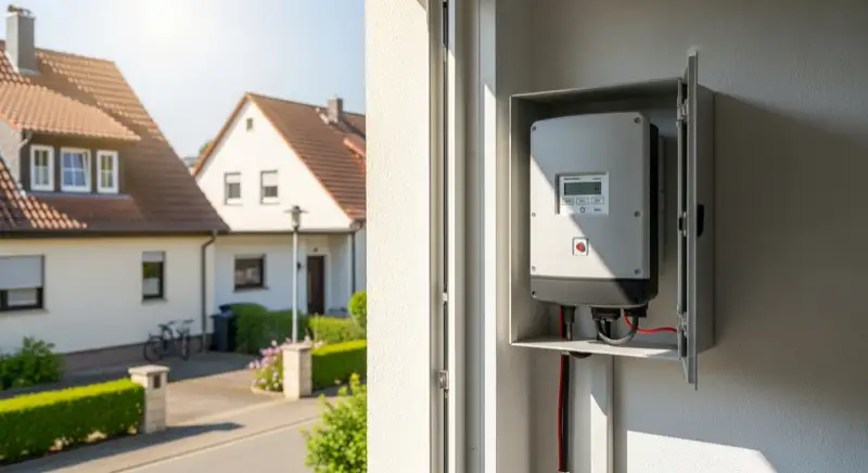 Modern German electrical meter cabinet (Zählerschrank) with smart meter and solar inverter connection, clean technical installation
