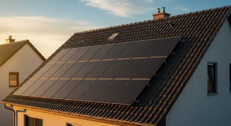 Close-up of photovoltaic solar panels installed on a traditional German Satteldach (gabled roof), blue sky with some clouds