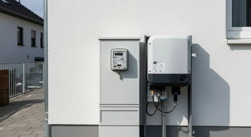 Modern German electrical meter cabinet (Zählerschrank) with smart meter and solar inverter connection, clean technical installation