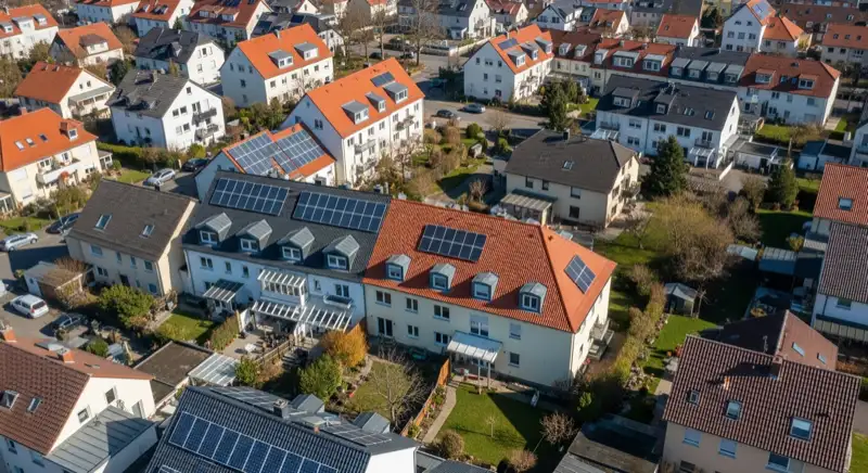 Aerial drone view of typical German residential neighborhood with mixed roof types, red and dark roof tiles, gardens visible, sunny day
