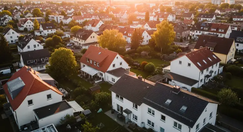 Aerial drone view of typical German residential neighborhood with mixed roof types, red and dark roof tiles, gardens visible, sunny day