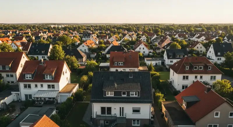 Aerial drone view of typical German residential neighborhood with mixed roof types, red and dark roof tiles, gardens visible, sunny day