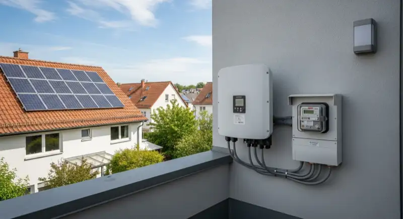 Modern German electrical meter cabinet (Zählerschrank) with smart meter and solar inverter connection, clean technical installation