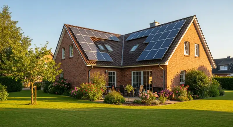 German detached house (Einfamilienhaus) with photovoltaic panels on pitched roof, well-maintained garden, warm afternoon sunlight