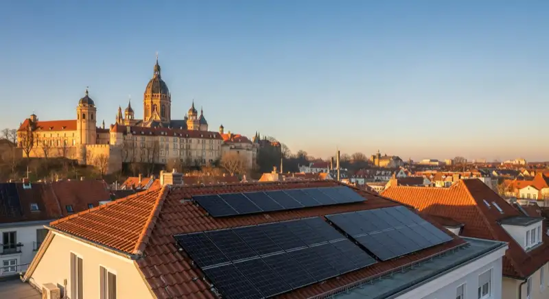 PV-Anlage auf Wohnhausdach in Schwerin mit Blick auf Schweriner Schloss und Dom