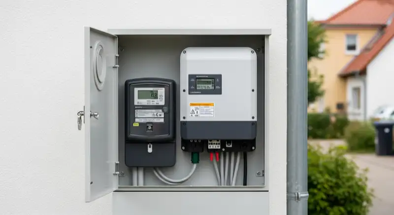 Modern German electrical meter cabinet (Zählerschrank) with smart meter and solar inverter connection, clean technical installation