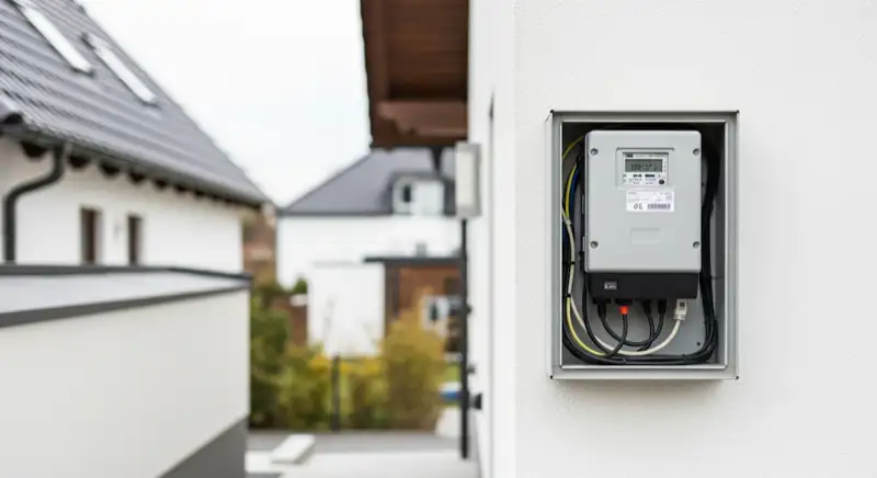 Modern German electrical meter cabinet (Zählerschrank) with smart meter and solar inverter connection, clean technical installation