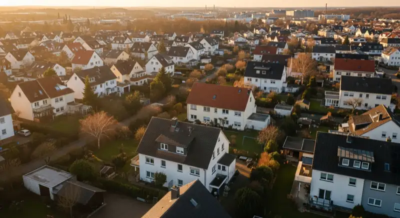 Aerial drone view of typical German residential neighborhood with mixed roof types, red and dark roof tiles, gardens visible, sunny day