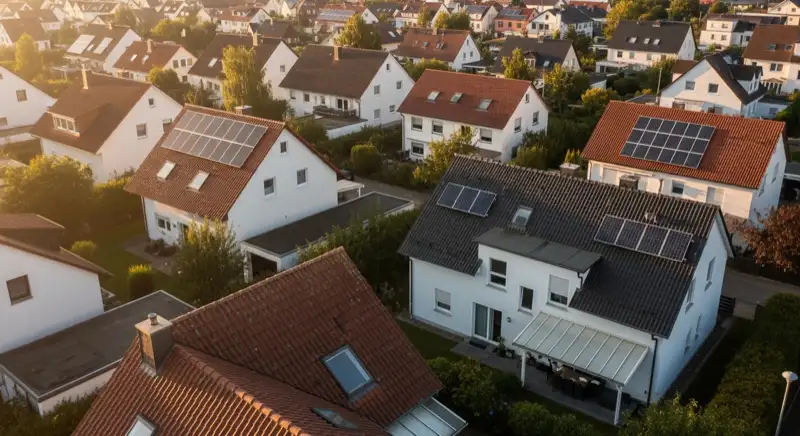 Aerial drone view of typical German residential neighborhood with mixed roof types, red and dark roof tiles, gardens visible, sunny day