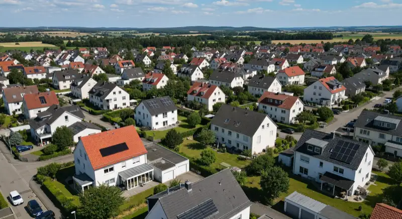 Aerial drone view of typical German residential neighborhood with mixed roof types, red and dark roof tiles, gardens visible, sunny day