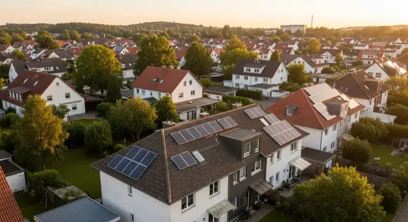 Aerial drone view of typical German residential neighborhood with mixed roof types, red and dark roof tiles, gardens visible, sunny day