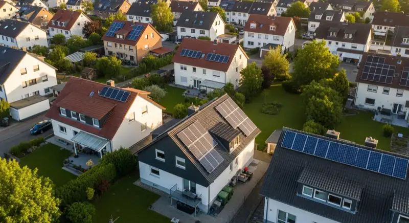 Aerial drone view of typical German residential neighborhood with mixed roof types, red and dark roof tiles, gardens visible, sunny day