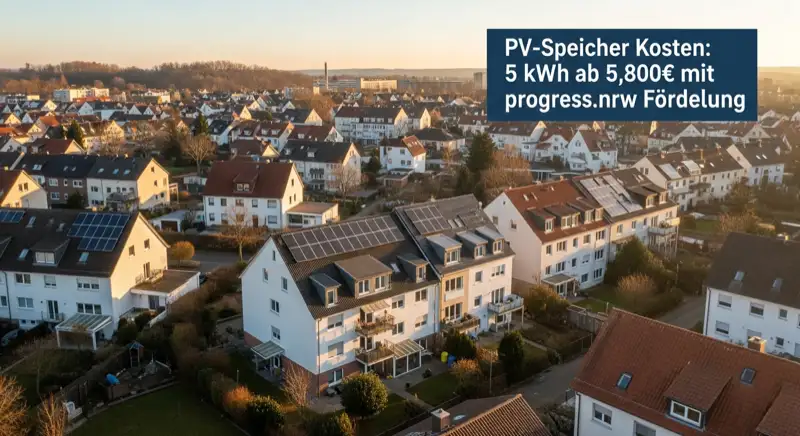 Aerial drone view of typical German residential neighborhood with mixed roof types, red and dark roof tiles, gardens visible, sunny day