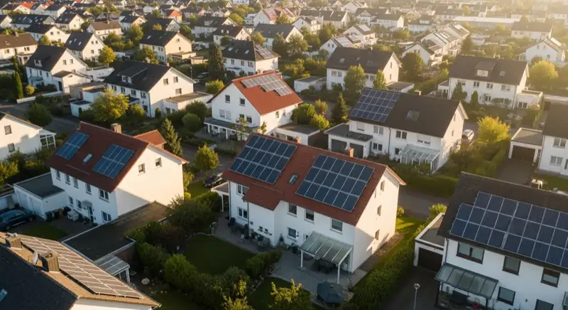 Aerial drone view of typical German residential neighborhood with mixed roof types, red and dark roof tiles, gardens visible, sunny day