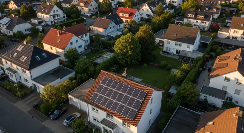 Aerial drone view of typical German residential neighborhood with mixed roof types, red and dark roof tiles, gardens visible, sunny day