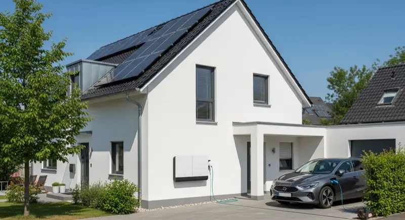 Einfamilienhaus in Siegen mit Solaranlage auf dem Dach und weißer Wallbox an der Hauswand, E-Auto wird geladen