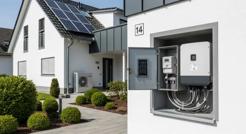 Modern German electrical meter cabinet (Zählerschrank) with smart meter and solar inverter connection, clean technical installation