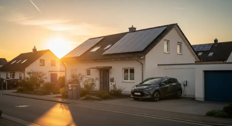 Einfamilienhaus in Sindelfingen mit PV-Anlage auf dem Dach und Elektroauto vor Wallbox in der Einfahrt