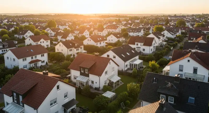 Aerial drone view of typical German residential neighborhood with mixed roof types, red and dark roof tiles, gardens visible, sunny day