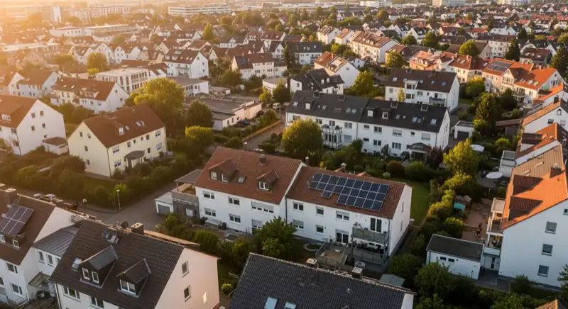 Aerial drone view of typical German residential neighborhood with mixed roof types, red and dark roof tiles, gardens visible, sunny day