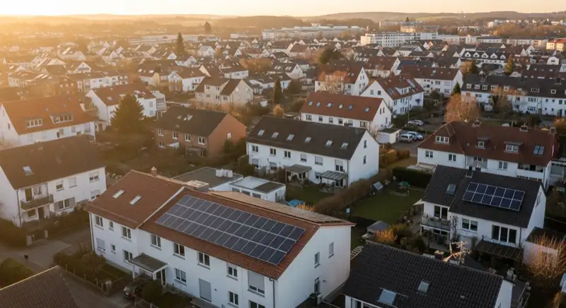 Aerial drone view of typical German residential neighborhood with mixed roof types, red and dark roof tiles, gardens visible, sunny day