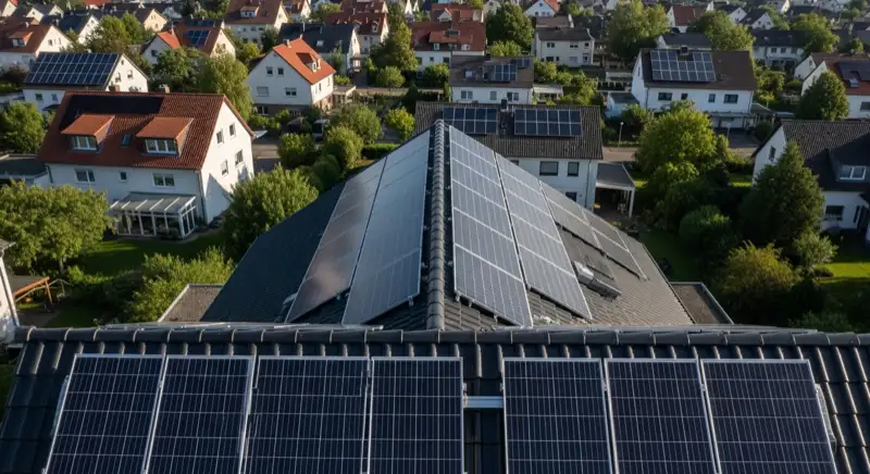 Aerial drone view of typical German residential neighborhood with mixed roof types, red and dark roof tiles, gardens visible, sunny day