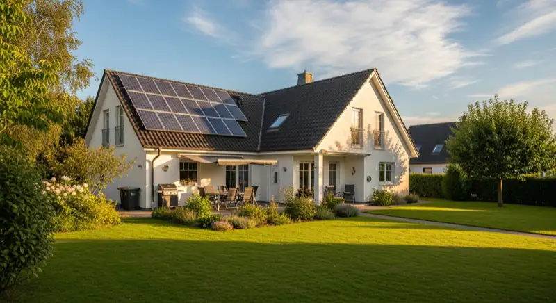 German detached house (Einfamilienhaus) with photovoltaic panels on pitched roof, well-maintained garden, warm afternoon sunlight