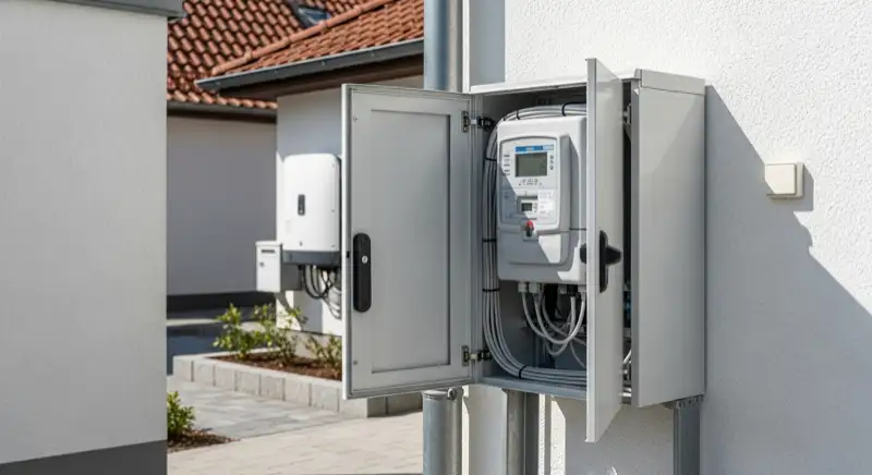 Modern German electrical meter cabinet (Zählerschrank) with smart meter and solar inverter connection, clean technical installation
