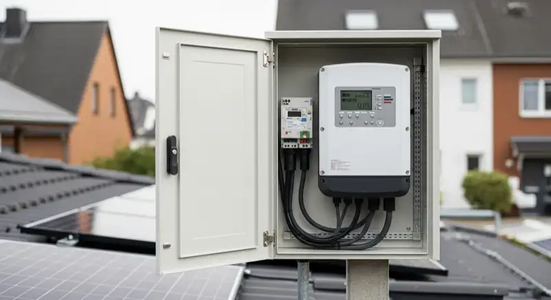 Modern German electrical meter cabinet (Zählerschrank) with smart meter and solar inverter connection, clean technical installation