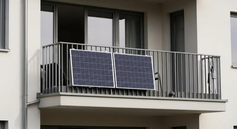 Balkonkraftwerk mit zwei Solarmodulen an einem Stuttgarter Mehrfamilienhaus montiert