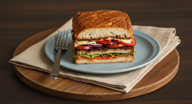 Aerial drone view of typical German residential neighborhood with mixed roof types, red and dark roof tiles, gardens visible, sunny day