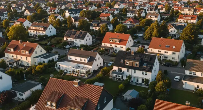 Aerial drone view of typical German residential neighborhood with mixed roof types, red and dark roof tiles, gardens visible, sunny day