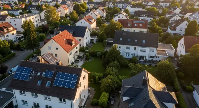 Aerial drone view of typical German residential neighborhood with mixed roof types, red and dark roof tiles, gardens visible, sunny day