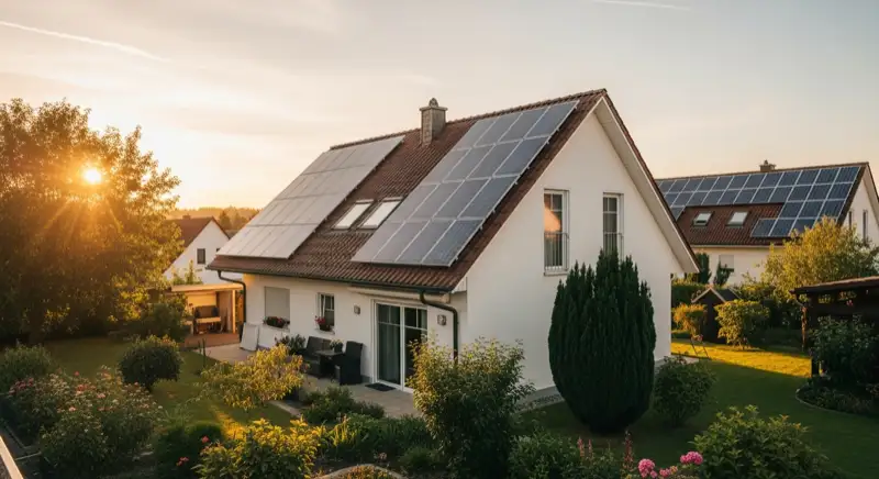 German detached house (Einfamilienhaus) with photovoltaic panels on pitched roof, well-maintained garden, warm afternoon sunlight