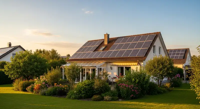 German detached house (Einfamilienhaus) with photovoltaic panels on pitched roof, well-maintained garden, warm afternoon sunlight