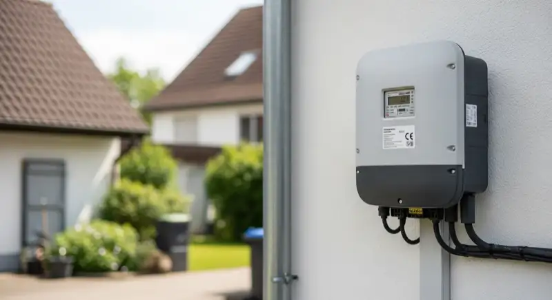 Modern German electrical meter cabinet (Zählerschrank) with smart meter and solar inverter connection, clean technical installation