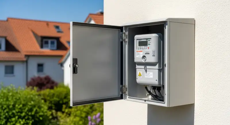 Modern German electrical meter cabinet (Zählerschrank) with smart meter and solar inverter connection, clean technical installation
