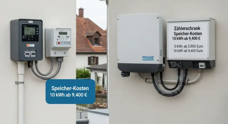 Modern German electrical meter cabinet (Zählerschrank) with smart meter and solar inverter connection, clean technical installation
