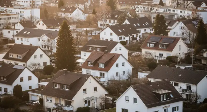 Wohngebiete in Ulm mit verschiedenen Bauformen, typische Einfamilienhäuser und Dachstrukturen aus der Luft