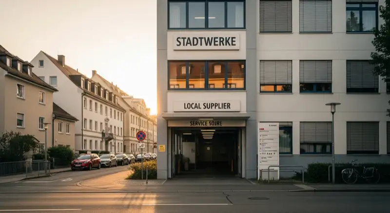 Blick auf das Stadtwerke-Gebäude in Ulm mit Service-Eingang, lokale Versorgeratmosphäre