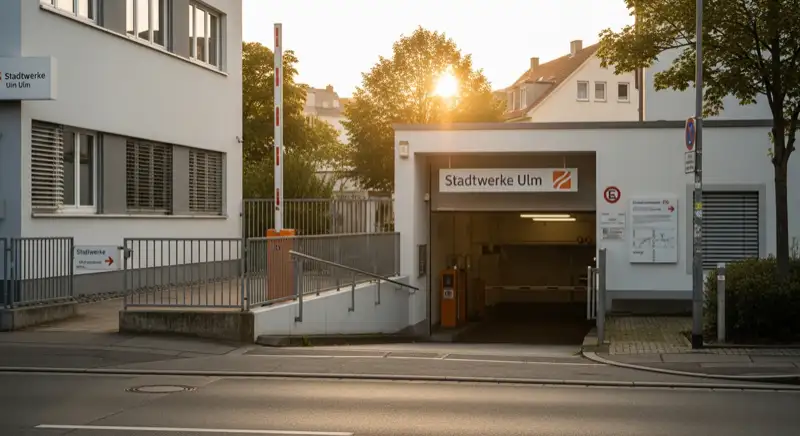Blick auf das Stadtwerke-Gebäude in Ulm mit Service-Eingang, lokale Versorgeratmosphäre