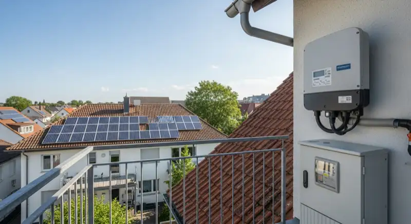 Modern German electrical meter cabinet (Zählerschrank) with smart meter and solar inverter connection, clean technical installation