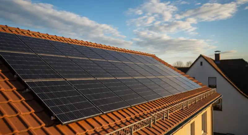 Close-up of photovoltaic solar panels installed on a traditional German Satteldach (gabled roof), blue sky with some clouds