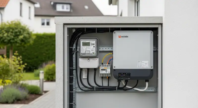 Modern German electrical meter cabinet (Zählerschrank) with smart meter and solar inverter connection, clean technical installation