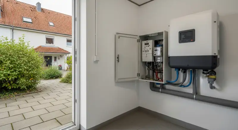 Modern German electrical meter cabinet (Zählerschrank) with smart meter and solar inverter connection, clean technical installation