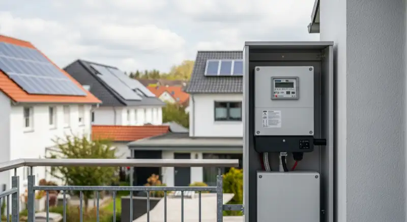 Modern German electrical meter cabinet (Zählerschrank) with smart meter and solar inverter connection, clean technical installation