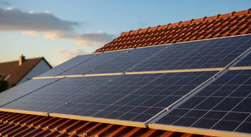 Close-up of photovoltaic solar panels installed on a traditional German Satteldach (gabled roof), blue sky with some clouds