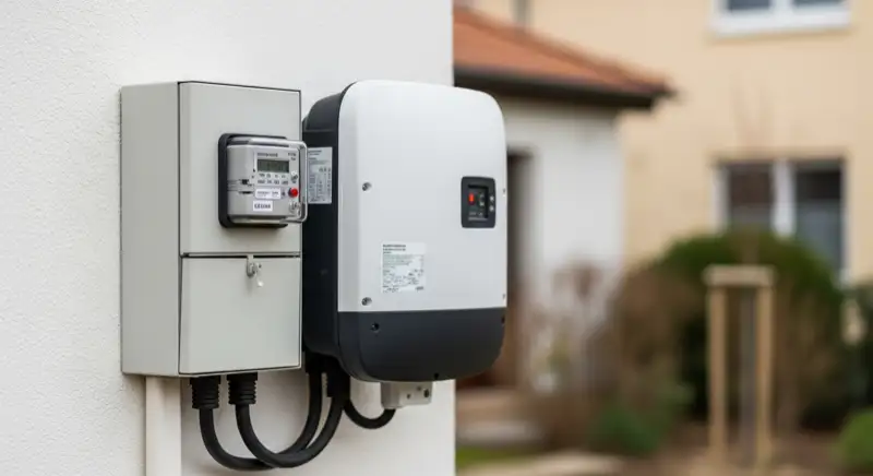 Modern German electrical meter cabinet (Zählerschrank) with smart meter and solar inverter connection, clean technical installation
